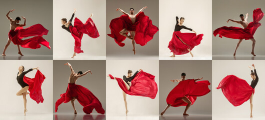 Passion in every move. Artistic, talented young woman and man, ballet dancers making creative...