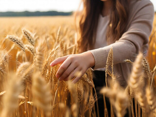 Close-up view of girl hand lightly touching the tops of wheat in field. The background is filled with more wheat, creating textured and monochromatic golden scene