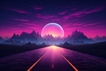 Road to the horizon. In style with synthwave colorful night