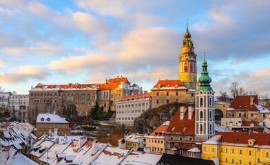 Cesky krumlov, castle, mansion, history, architecture, houses, river, vltava, city, czech republic, rooftops, blue sky, sunset, night
