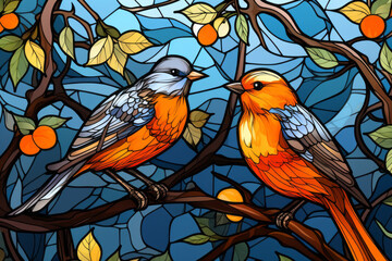 Birds sitting on trees in stained-glass style