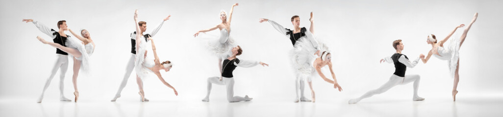Tandem. Classic style. Young man and woman, ballet dancers making classical performance of popular...