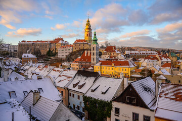 Cesky krumlov, castle, mansion, history, architecture, houses, river, vltava, city, czech republic, rooftops, blue sky, sunset, night