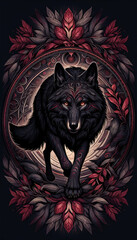 Black wolf walking through a circle of red leaves