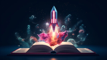 Opened book. Rocket launching in flat art style - obrazy, fototapety, plakaty