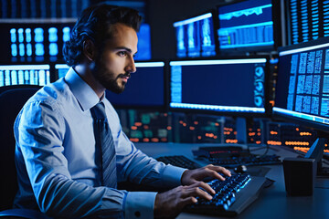 Professional IT programmer Working in Data Center on Desktop Computer with Displays, Doing Development of Software and Hardware. Highly Focused. data analytics Concept