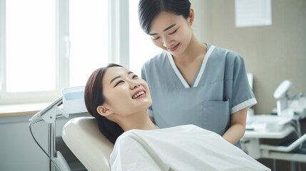 Asian female dentist is working with customer in stomatology clinic