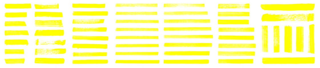 Straight marker line vector strokes. Yellow hand drawn stripes.Text highlighter pen, marker, brush, underlines strokes set. Rough grunge thick paint line texture. Vector sketch rectangle text boxes