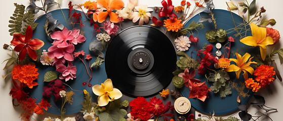 Vintage record and flowers, top view. Retro or Vintage Style. Generative AI