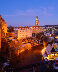Fototapeta premium Cesky krumlov, castle, mansion, history, architecture, houses, river, vltava, city, czech republic, rooftops, blue sky, sunset, night