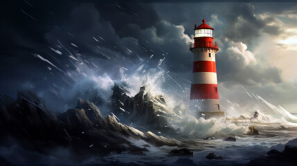 red and white lighthouse on rocks in the stormy sea - obrazy, fototapety, plakaty
