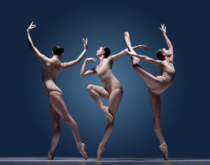 Collage. Artistic, talented, elegant young woman, ballerina in beige bodysuit showing ballet poses, dancing over blue background. Concept of classical dance style, theatre, beauty, inspiration