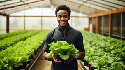 Young African American man is working in a greenhouse, holding plant