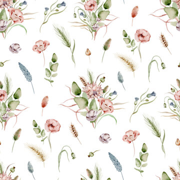 Seamless pattern of delicate watercolor flowers and leaves in soft shades of pink, purple and green. Wildflowers create a romantic and whimsical atmosphere.