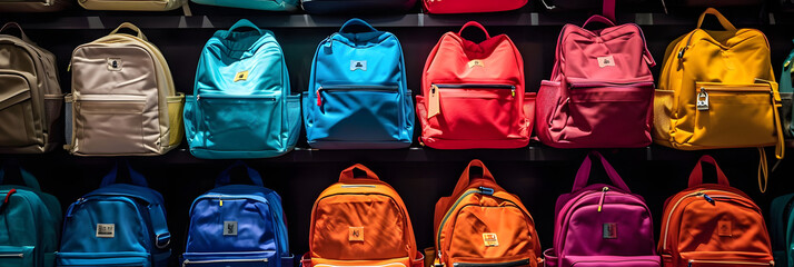 A row of colorful backpacks and bags on a shelf. created with technology - obrazy, fototapety, plakaty