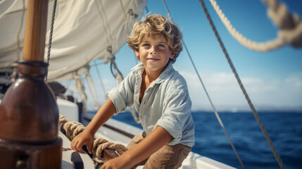 Young boy on sailing boat, happy child