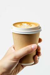 close-up of a hand holding a cup of coffee on a white background