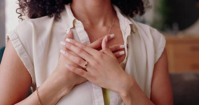 Person, hand and chest pain or heart health from stress or anxiety for wellness, anatomy or reflux. Lungs, inflammation and grip in home for indigestion pressure for fail sick care, breathe or virus