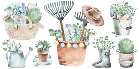 This watercolor painting depicts a collection of gardening tools. Soft shades create a cozy scene. This image is ideal for illustrating articles, websites or publications about gardening.