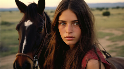 Obraz premium Young woman is standing outdoors with horse, portrait