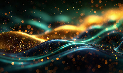 Fototapeta premium Glitter Emerald Golden Wave Stripes Design. Shiny moving lines design element with bokeh effect background