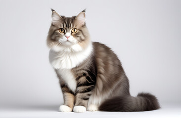 gray fluffy cat sits full length on a white background