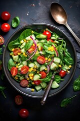 Green salad made from a mixture of green leaves and vegetables. Diet food. Food photography