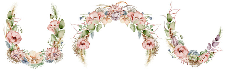 Set of watercolor floral wreaths on a white background. Soft pink and lavender flowers and green leaves are hand painted in a rustic style. Suitable for greeting cards, wedding invitations.