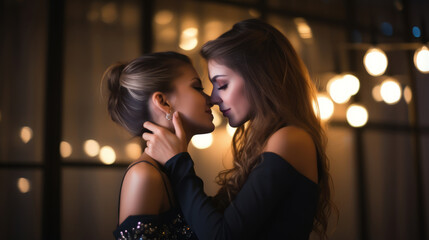 Young lesbian couple are indoors, at a party, embracing each other