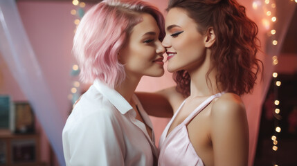 Fototapeta premium Young lesbian couple are indoors, at a party, embracing each other