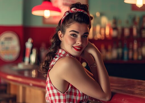 Pretty and young pin up style woman, with wavy brunette hair, she is wearing a plaid shirt and a matching ribbon to collect her hair. The woman is posing with the coffee bar in the background
