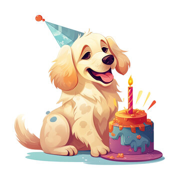 Golden Retriever And Birthday Cake On Transparent Isolated, Birthday Pet Dog Watercolor Collection, Birthday Pet Dog Clipart For Kids, Printable Animal Stickers, Children's Book Illustration