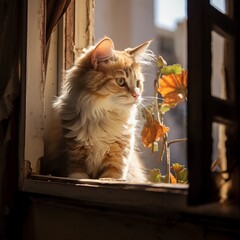 Fluffy kitten looking in the window, romantic eyes, gazing into the garden