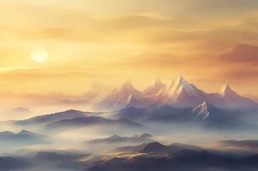 Fotobehang image of golden sunrise illuminating the misty mountains. The soft gradients and ethereal atmosphere can inspire breathtaking digital art pieces. Ai generative © Shavinda