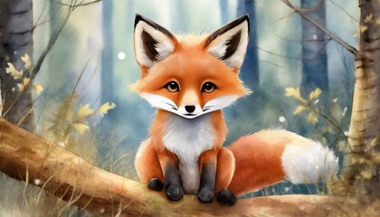 A small adorable red fox in the forest, a watercolor-style painting for kids' room 
