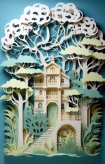 Arbor day holiday - a holiday celebrating trees. Style of 3d paper cut out. Beautiful nature landscape.