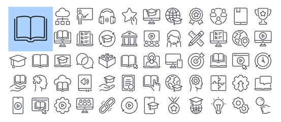 Online education and e-learning concept editable stroke outline icons set isolated on white background flat vector illustration. Pixel perfect. 64 x 64.