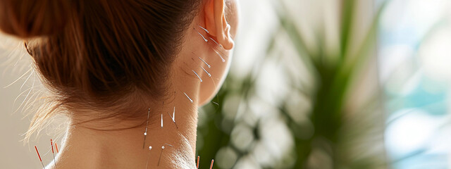 Woman stabbed in the back with needle in bright acupuncture clinic - obrazy, fototapety, plakaty