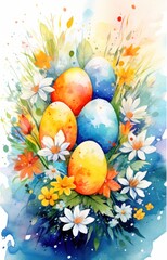 Obraz na płótnie Canvas Watercolor painted Easter eggs in grass with flowers. Happy Easter concept illustration.