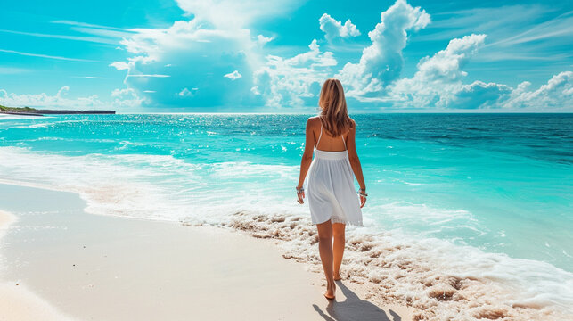 Back view of elegant woman in white dress and hat walking to tropical island in Maldives