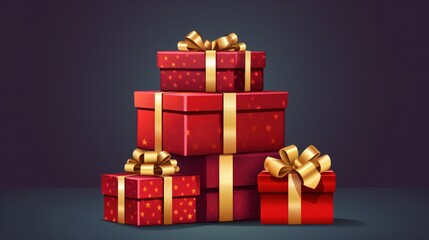Stack of Christmas gift boxes. Holiday celebration concept. On beautiful defocused bokeh background with copyspace for your text. Red and gold colored.