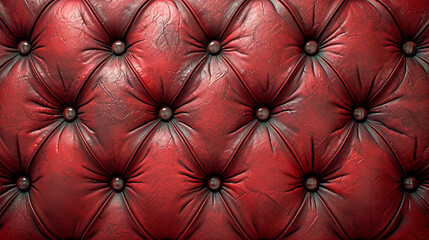 Fototapeta premium Close up background texture of scarlet red capitone genuine leather, retro Chesterfield style soft tufted furniture upholstery with deep diamond pattern and buttons