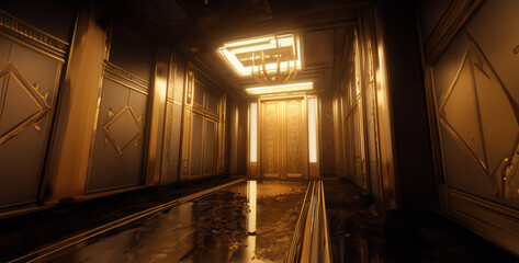 station in night, golden interior elevator cabin inside