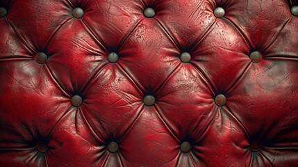 Fototapeta premium Close up background texture of scarlet red capitone genuine leather, retro Chesterfield style soft tufted furniture upholstery with deep diamond pattern and buttons