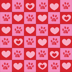 Plaid pink and red hearts pattern with paw prints
