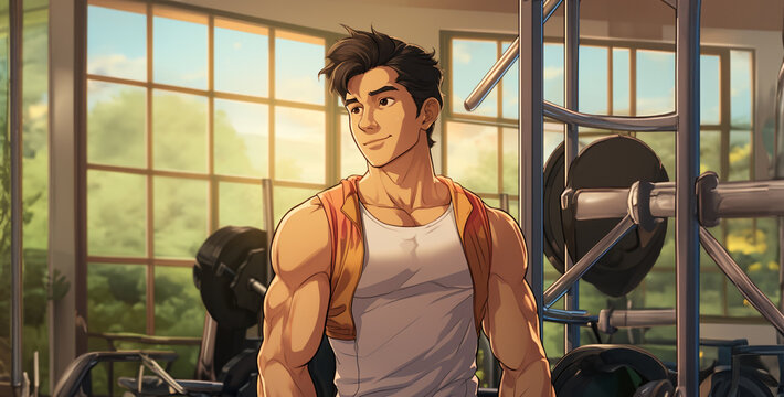 man exercising in gym, person in the gym, man exercising, Anime gym guy manga style