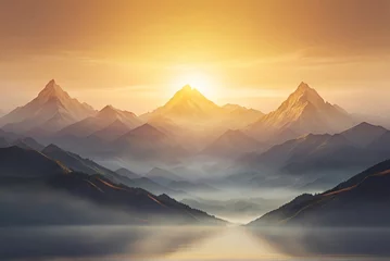 Fotobehang image of golden sunrise illuminating the misty mountains. The soft gradients and ethereal atmosphere can inspire breathtaking digital art pieces. Ai generative © Shavinda
