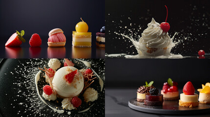 Creative Michelin-starred desserts using different ingredients, and culinary masterpieces. Unusual background.