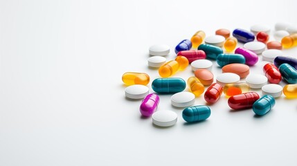 Close-up of multiple colorful pills and tablets on a white background