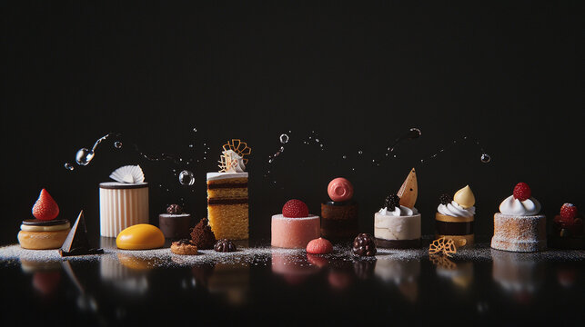 Creative Michelin-starred desserts using different ingredients, and culinary masterpieces. Unusual background.